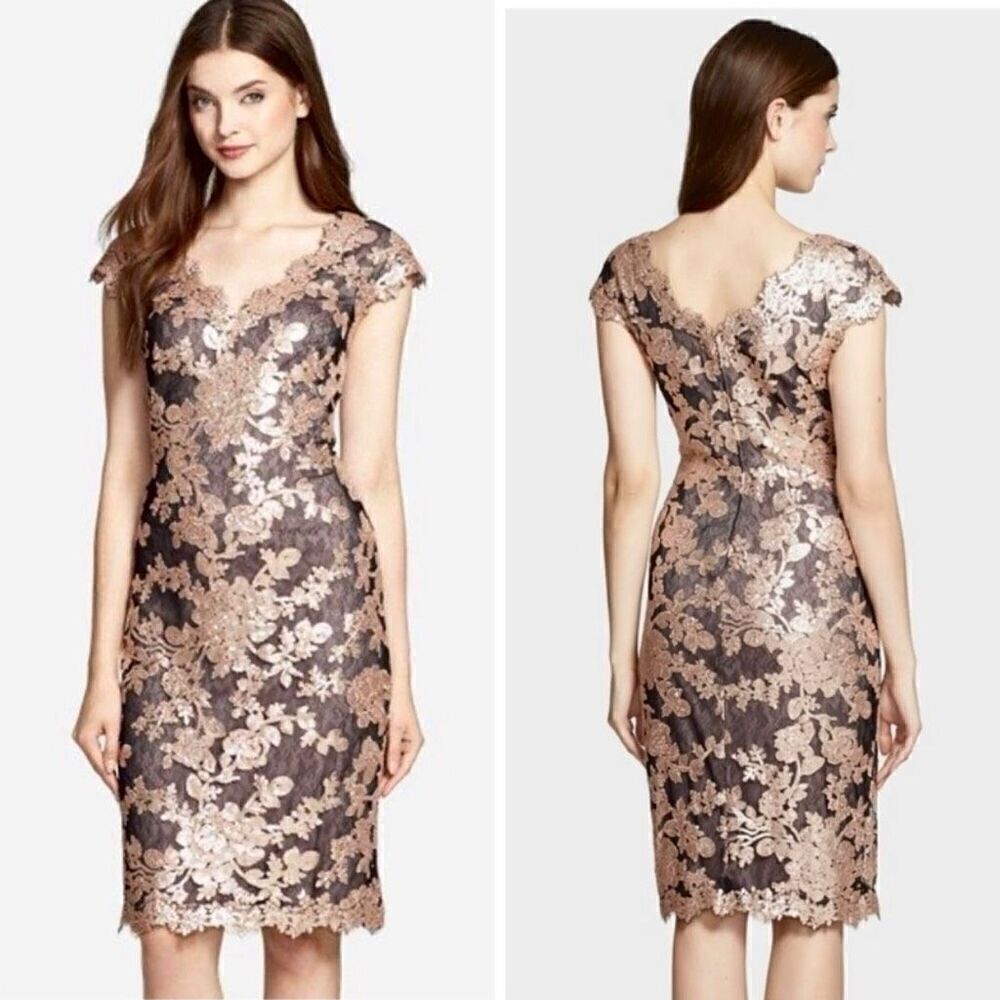 Tadashi Shoji Sequin Lace Cocktail Dress 6 Blush Pink Black Formal Wedding Guest